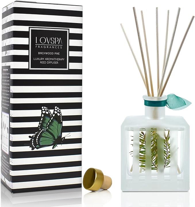 Reed Diffuser Set, Birchwood Pine Scented Oil Diffuser with Sticks, Home Fragrance Accessories for Bathroom Shelf Decor, Aroma Diffusers for Home or Office Desk, USA Made