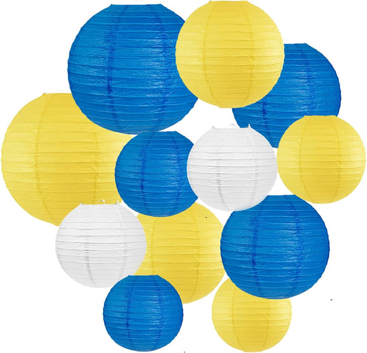 12Pcs Blue and Yellow Party Decorations Hanging Round Paper Lanterns Assorted Sizes (8" 10" 12") for Graduation Birthday Wedding Dinner Party Baby Shower BBQ Decor (Blue Yellow White)