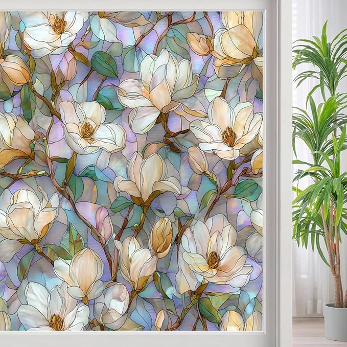 Elegant Floral Plants Stained Glass Window Film, Classic Magnolia Blossoms Peel and Stick Privacy Film, Frosted Adhesive Vinyl Decorative for Bathroom Windows Glass Doors, 31.5Wx47.2L inch