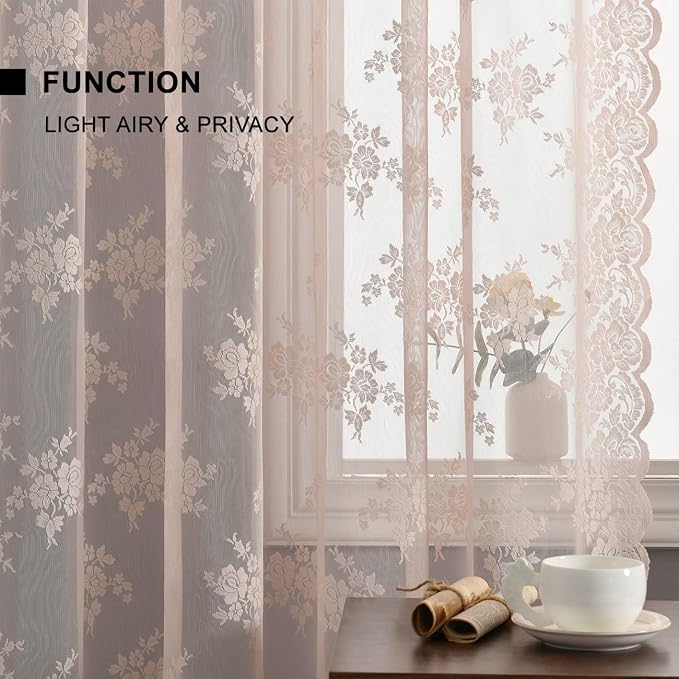 Kotile Blush Pink Lace Curtains for Bedroom Girls - Rustic Floral Blush Sheer Curtains 63 Inch Length for Girls Room, Scalloped Floral Sheer Lace Window Curtain, 52 x 63 Inch, 2 Panels