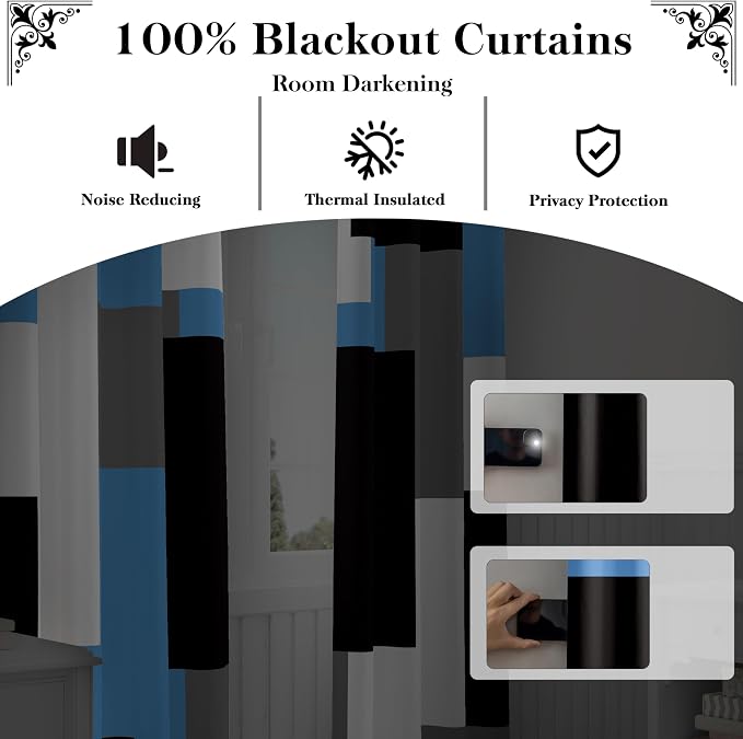 Tyrot Light Blue 100% Blackout Curtains for Bedroom 96 inch Length 2 Panels Set White Grey Modern Abstract Geometric Black Out Curtains Insulated Room Darkening Window Drapes for Living Room, 52Wx96L