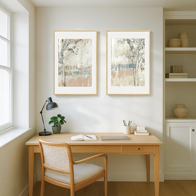Framed Neutral Abstract Landscape Wall Art for Living Room, Large Set of 2 Minimalist Tree Canvas Artwork for Walls, Modern Nature Scenic Paintings Prints Wall Decor for Bedroom Home Office, 20x30 In