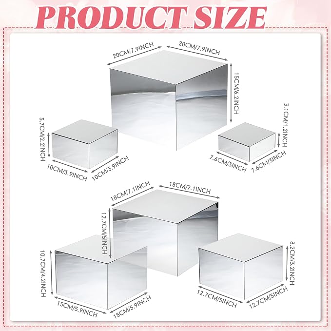 Geelin 6 Pack Acrylic Risers for Display Acrylic Cube Boxes Risers Display Stands with Hollow Bottoms Decorative Stand for Jewelry Candy Table Decor 6 Sizes(Silver,3 to 8 Inch,Square)