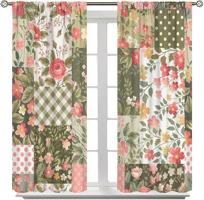 Boho Floral Patchwork Blackout Curtains Vintage Bohemian Floral Colorful Spring Wild Flower Retro Print Window Drapes for Bedroom Living Room Kitchen Cafe （W36xL63 Inch） x2 Panels