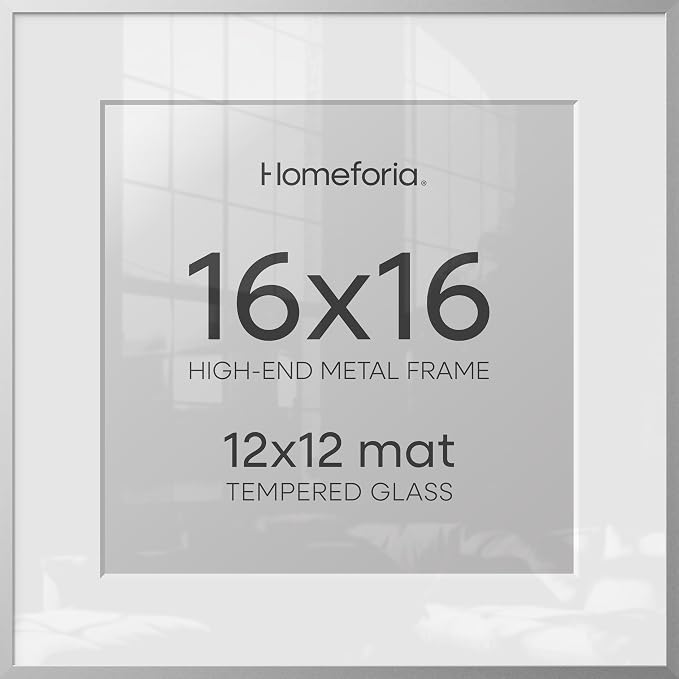 Homeforia 16x16 Silver Picture Frame, High End Metal 16 x 16 Square Frame with Mat 12 x 12 Photo, 16x16 Poster Frames Matted to 12x12 Print, 16 by 16 Hanging Frames, Tempered Glass, Wall Kit, Set of 3