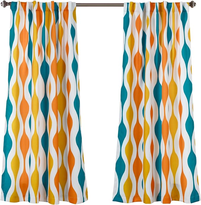 Lush Decor Mid Century Geo Room Darkening Window Curtain Panels Pair 52" W x 63" L Turquoise & Orange - Retro Curtains for Living Room - Vintage Drapes