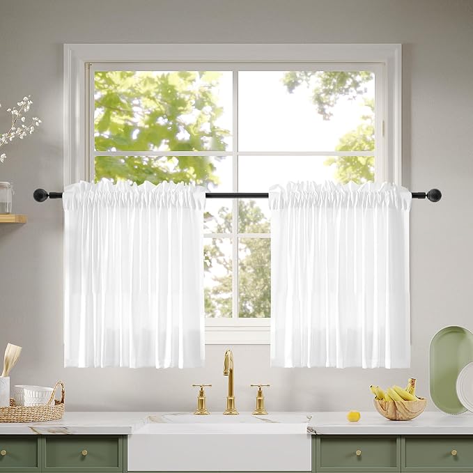 Anmao Non-See-Through Valance Kitchen Curtains 24 Inch Length 2 Panels Set, Bright White Privacy Light Filtering Semi Sheer Over Sink Short Cafe Curtain Tiers for Small Windows, 25W x 24L, Pure White