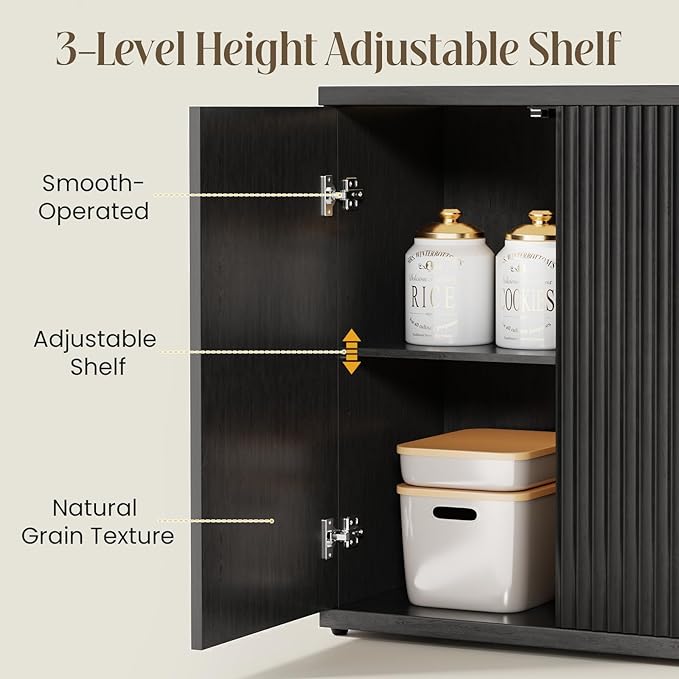 Fluted Buffet Cabinet Sideboard with Storage, Modern Black Credenza Cabinet with 2 Doors & Adjustable Shelf, 15" Deep Wood Accent Cabinet for Dining Room, Living Room, Entryway & Kitchen