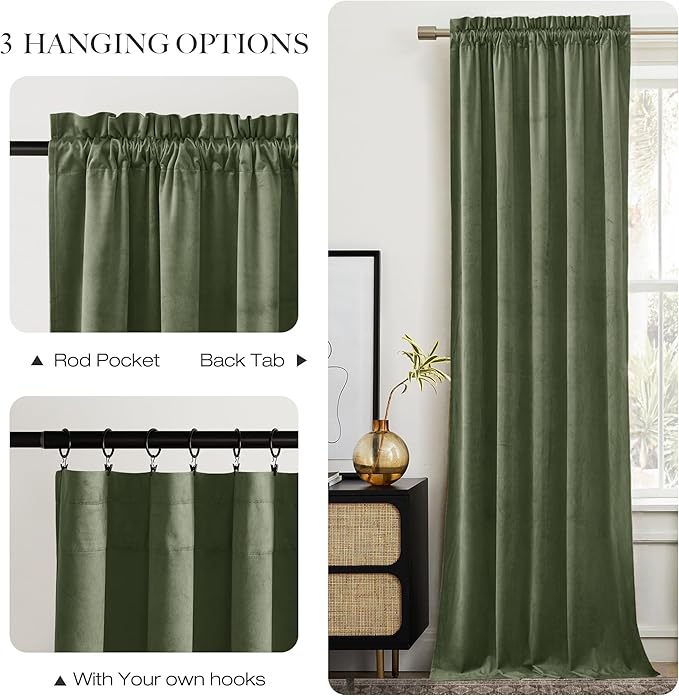 NICETOWN Sage Green Blackout Curtains 72 inches Long 2 Panels (62-inch Wide), Farmhouse and Sleek Velvet Drapes and Curtains for Doorway, Patio Sliding Door, Office, Dorm