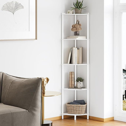 SUNMORY 5 Tier Corner Shelf Stand, Industrial 65" Corner Shelves Display Shelf for Living Room Decor, Wall Corner Bookshelf Multi Unit Organizer, Tall Shelf Plant Stand for Bedroom, Bathroom, White