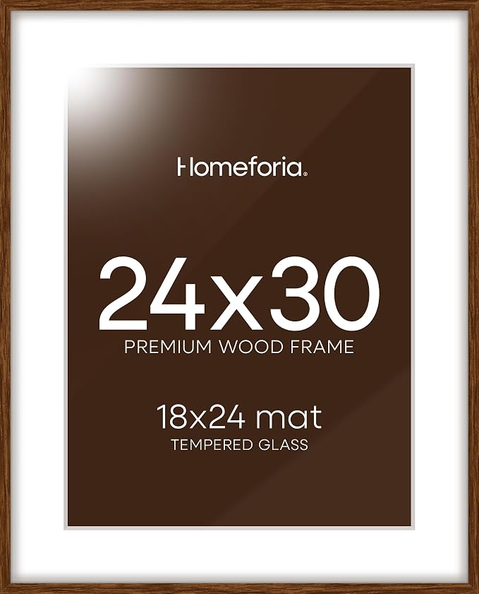 Homeforia 24x30 Walnut Frame, High End Oak 24 x 30 Wooden Poster Frame with Mat 18 x 24, 30x24 Large Picture Frames for Wall, 24x30 Brown Wood Frame Matted to 18x24, Tempered Glass, Wall Kit, Set of 3