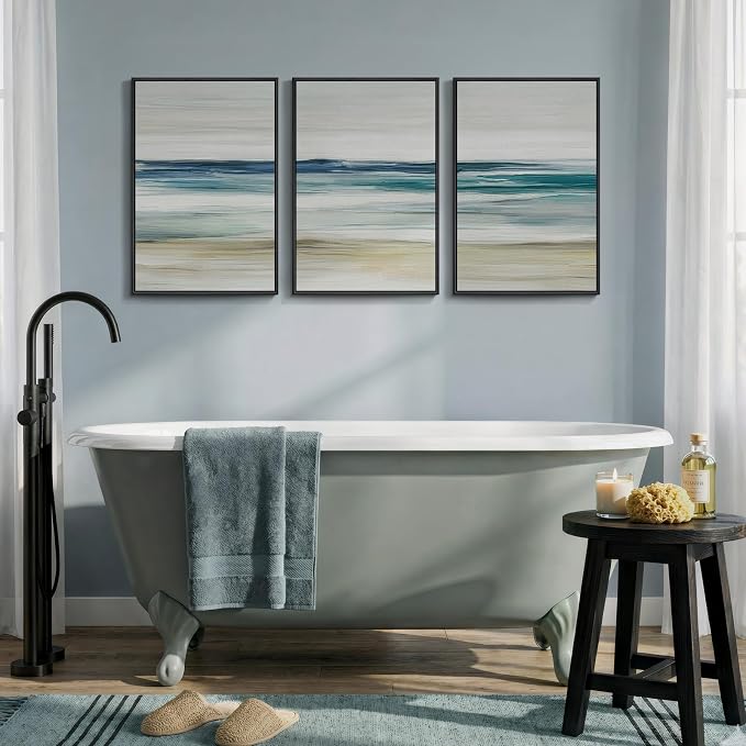 Framed Abstract Coastal Wall Art Bedroom, 3 Piece Blue Beach Landscape Canvas Artwork for Walls, Minimalist Ocean Seascape Painting Prints for Dining Room Living Room Bathroom Wall Decor, 16x24 Inch