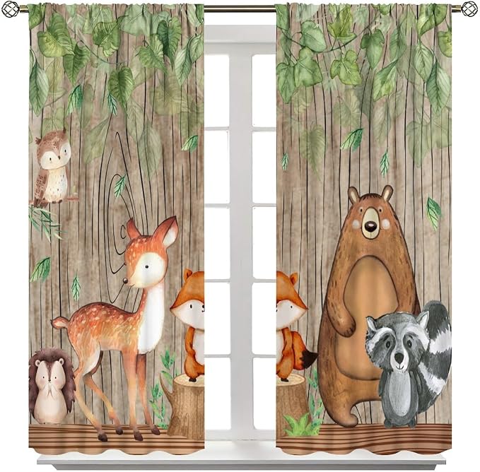Forest Animal Kids Curtains, Wild Rustic Bear Fox Deer Children Cartoon Window Treatments for Living Room, Watercolor Navy Blackout Drapes 2 Panel Sets,55x63 Inch