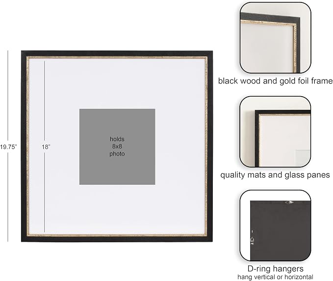 Kate and Laurel Wilbanks Traditional Square Picture Frame Set of 3, 18 x 18 matted to 8 x 8, Black and Gold, Vintage Three-Piece Frame Set for Gallery Wall Frame Set in Living Room Wall Decor