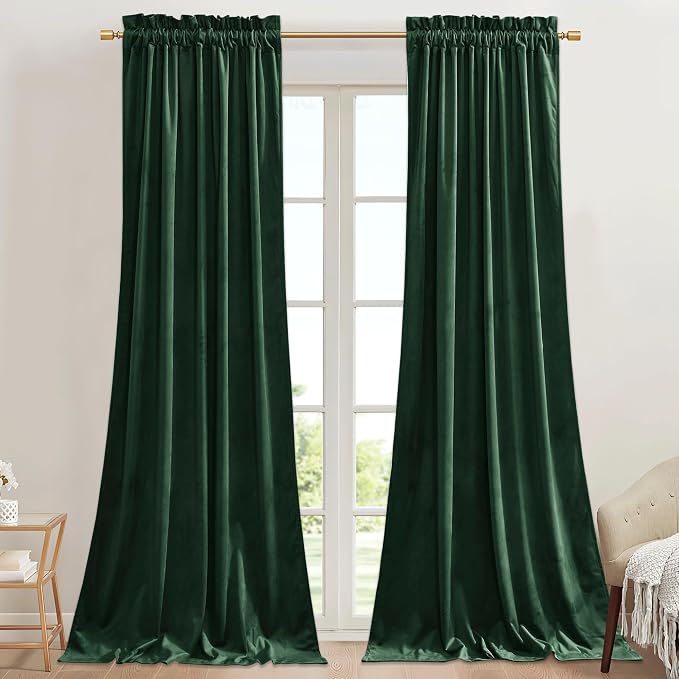 StangH Dark Green Velvet Curtains 90 inches, 2 Panels | Holiday Living Room Window Decor, 300GSM Soft Velvet, Privacy Protect, Thermal Insulated, Dining Room, Doorway