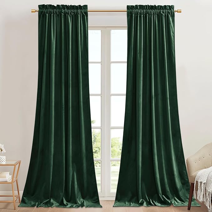 StangH Dark Green Velvet Curtains 96 inches, 2 Panels | Holiday Living Room Window Decor, 300GSM Soft Velvet, Privacy Protect, Thermal Insulated, Dining Room, Doorway