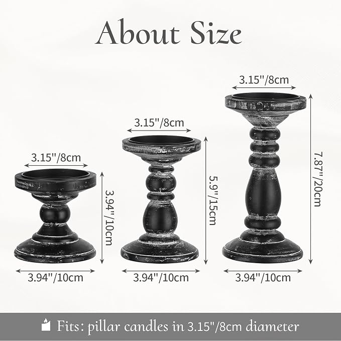 Wood Pillar Candle Holder: 3Pcs Rustic Black Candle Holders for Pillar Candles Wood Candle Holders Distressed Wooden Farmhouse Candle Holder Large Rustic Candle Holder for Fireplace Table