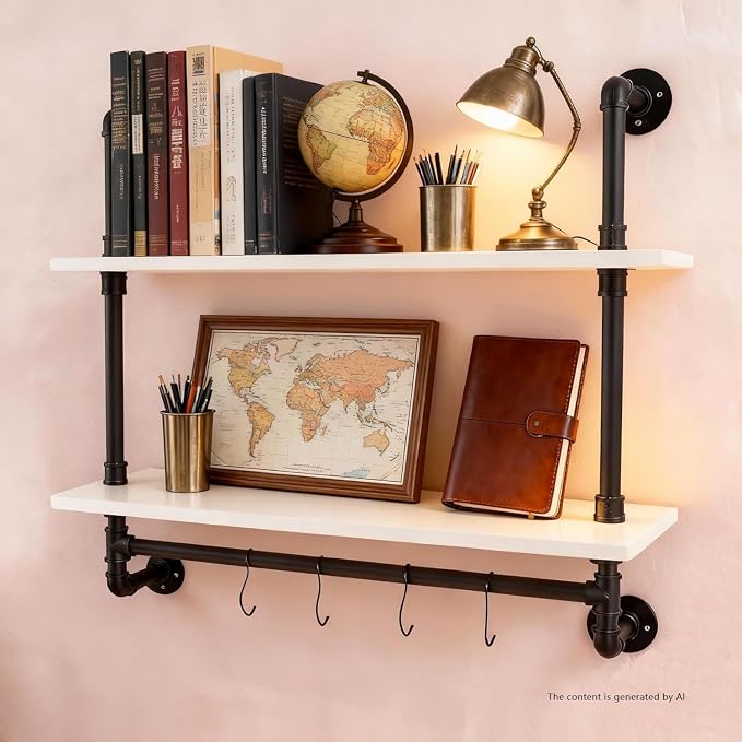 ROGMARS White Floating Wall Shelves Industrial Pipe Shelving 30 Inch | Wood Bathroom Shelves with Towel Bar Over Toilet, Rustic Farmhouse Pipe Wall Shelves for Kitchen Living Room