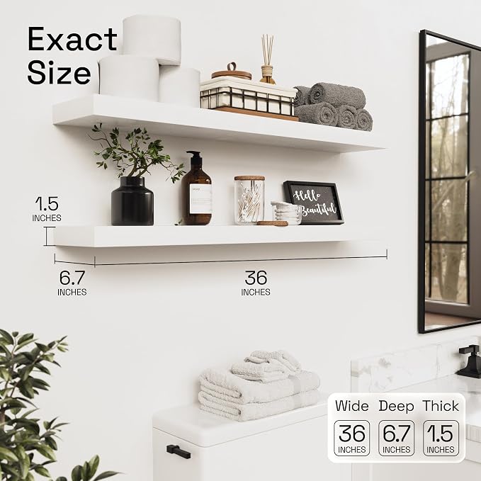 Solid Wood Floating Shelves for Wall 36 Inches Long, White Wooden Shelf | Real Wood, Wall Mounted, Heavy Duty Shelf 36 Inch Large, Bathroom Bedroom Kitchen Rustic, White Finish, 36W × 6.7D, Set of 2