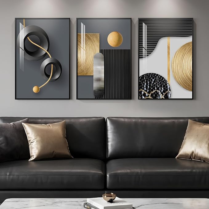 Framed Modern Elegant Wall Art for Living Room, 3 Piece Contemporary Luxury Prints Paintings, Black and Gold Abstract Geometric Pictures for Bedroom Dining Room Hallway Entryway Home Office Wall Decor 16x24 In