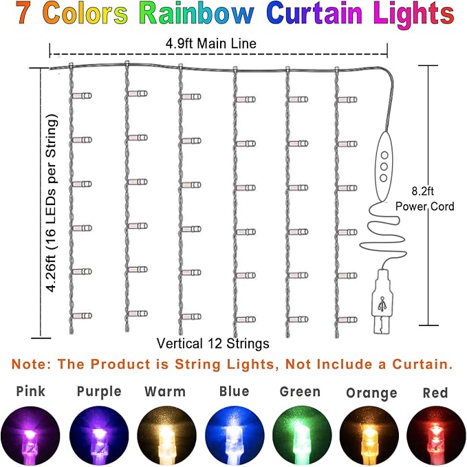 Rainbow Fairy String Curtain Lights with Remote, Twinkle LED Ombre Light Curtain for Girls Room, Kid's Bedroom, Teen Room, Unicorn Theme, Party, Independence Day Décor Gift (Rainbow)