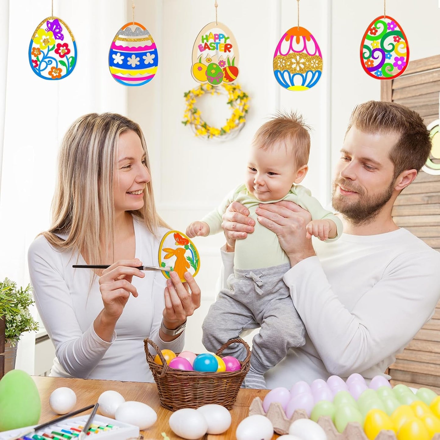 36PCS Wooden Easter Ornaments to Paint, 6 Styles DIY Blank Unfinished Wood Egg Cutouts Ornament for Crafts Hanging Decorations Happy Easter Hallow Egg Rabbit Bunny Butterfly Flower Hen