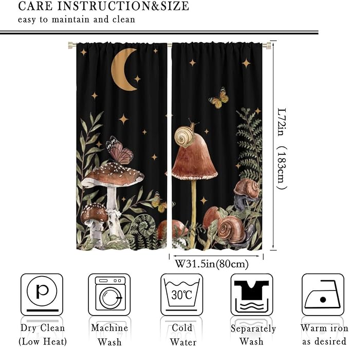 Retro Mushroom Blackout Curtains,Snail Butterfly Window Drapes,Boho Night Plants Leaves Moon Star Botanical for Living Room Kitchen Bedroom,Black Background 63x72in