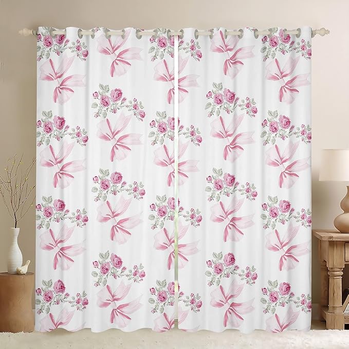 Erosebridal Girly Bowknot Curtain 38" Wx45 L,Watercolor Pink Rose Bow Window Treatments,Cute Bowknot Girls Women Window Curtain Princess Style Bow 30%-50% Blackout Curtains for Bedroom