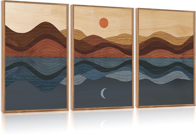CHDITB Mid Century Modern Framed Canvas Wall Art, Boho Mountain Sun Moon Wall Decor, Abstract Nature Ocean Landscape Artwork, Minimalist Geometric Wave Posters for Living Room Bedroom Office 16"x24"x3