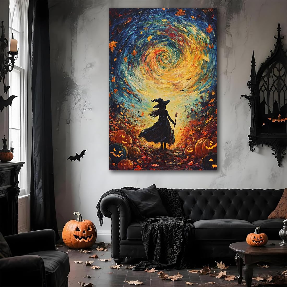 Halloween Autumn Witchy Decor Wall Art Prints,Gothic Witch in Whirlwind Autumn with Pumpkins Scene Pictures Poster,Fall Festival Home Decor Painting Canvas Poster for Bedroom Bathroom,24"x36" Unframed
