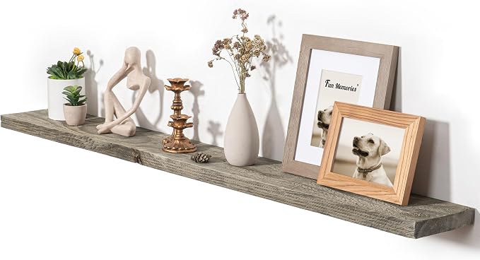 Fun Memories 55 Inch Reclaimed Wood Floating Shelves for Wall, 8 Inch Deep Extra Long Rustic Farmhouse Shelf with Invisible Brackets for TV Wall, Fireplace Mantel & Living Room, Grey