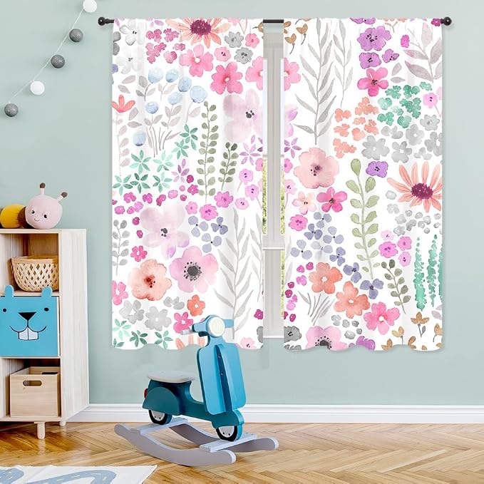 Riyidecor Purple Floral Colorful Curtains Cute Watercolor Flowers Leaves Plants Leaves Girly Botanical Modern Rod Pocket Preppy Funny Bedroom Living Room Treatment Fabric 2 Panels 42Wx63H Inch