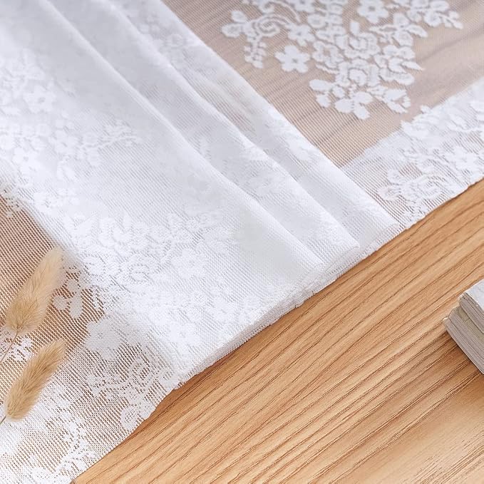 YJ YANJUN Vintage Lace Curtains 63 Inches Length- Elegance Floral White Sheer Curtain Panels for Living Room Bedroom, Rod Pocket Light Filtering, Country Cottage Core Drapes 2 Panels 52W x 63L