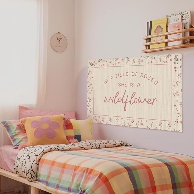 Wildflower Nursery Decor, Girls Room Decor - In a Field Full of Roses She Is a Wildflower Pink Linen Banner Flag for Little Girl Baby Girl - Pink Wildflower