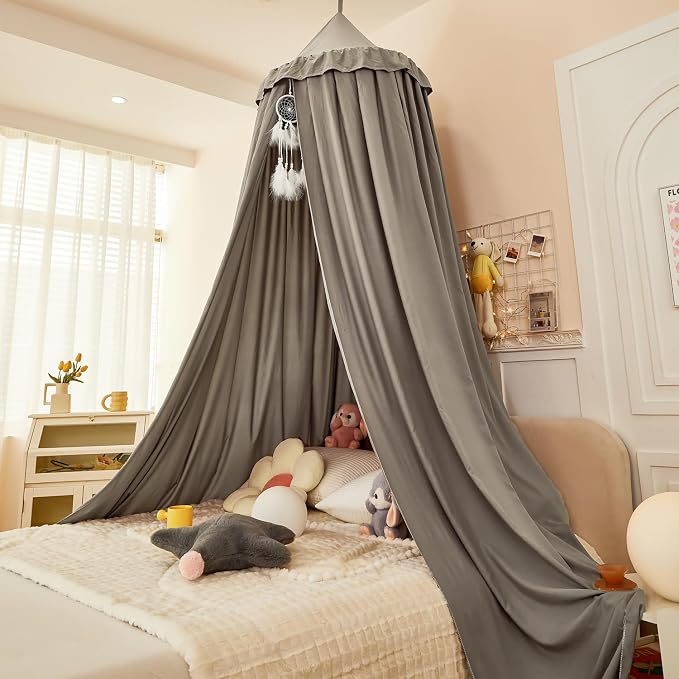 Princess Decor Canopy for Kids Bed, Soft and Durable Bed Canopy for Girls Room Tent Canopy Dreamy Mosquito Net Bedding, Children Reading Nook Canopies Indoor (Grey)