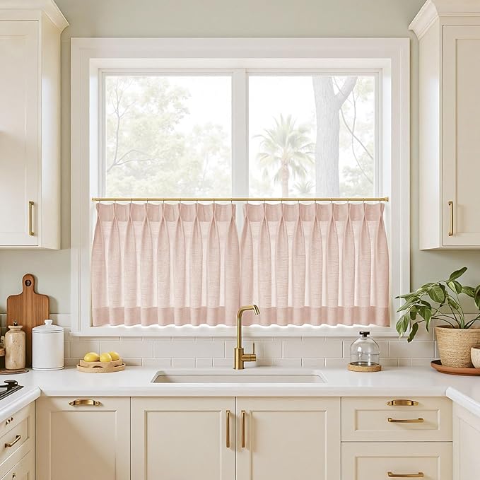TWOPAGES 26" W x 30" L Linen Blend Cafe Curtains for Kitchen Window, Light Filtering Pinch Pleated Tier Curtains, Modern Farmhouse Half Window Curtains for Small Window, Pink Lemonade, 2 Panels