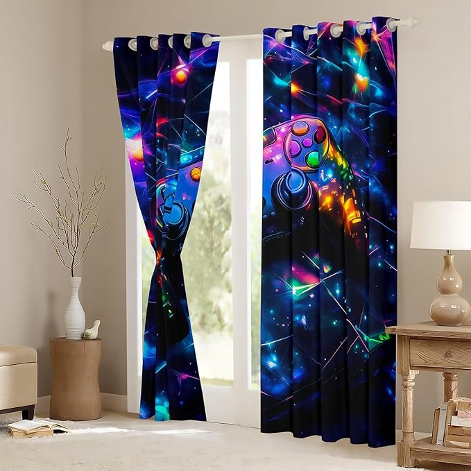 Feelyou Kids Gamer Blackout Curtains Galaxy Gaming Window Curtains Glitter Game Darkening Drapes Boys Girls Gamepad Teens Window Treatments Bedroom Decor (2 Panels, 42 x 84 Inch)