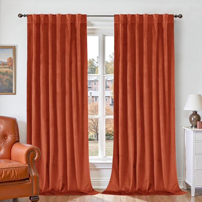 BGment Terracotta Velvet Curtains 84 Inches - Burnt Orange Fall Decor, Luxury Super Soft Thermal Insulated Blackout Back Tab and Rod Pocket Curtains & Drapes for Living Room, 2 Panels, 52 x 84 Inch