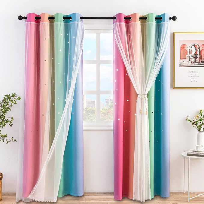 Stiio Rainbow Curtains, 2 Panels W52 x L84 inches, Hollow-Out Stars, Blackout Ombre Stripe Grommet Thermal Insulated, Room Darkening Kids Colorful Curtains
