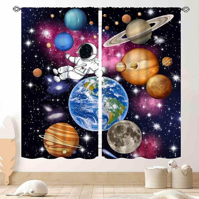 Galaxy Curtains for Bedroom, Solar System Universe Outer Space Planet Astronaut Blackout Window Drapery Treatments for Kids Boys Room Living Room Nursery Playroom 2 Panels, 42"x63" Inch