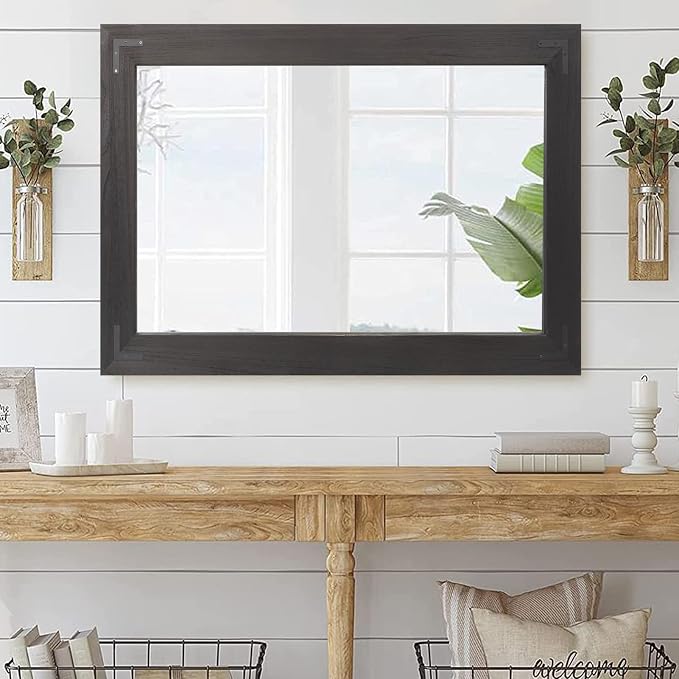 YOSHOOT Rustic Wooden Framed Wall Mirror, Natural Wood Bathroom Vanity Mirror for Farmhouse Decor, Vertical or Horizontal Hanging, 72" x 36", Black