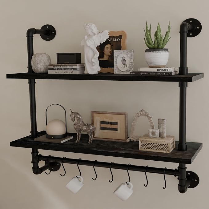 ROGMARS Industrial Pipe Shelving Pine Wood Floating Shelves for Wall | 30 inch Kitchen Wall Mounted shelves Bathroom Shelves with Towel Bar Coffee Bar Shelf with Hooks for Living Room Bedroom