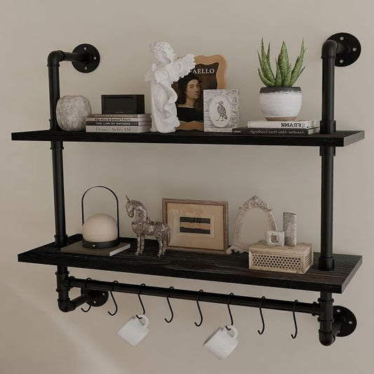 ROGMARS Industrial Pipe Shelving Pine Wood Floating Shelves for Wall | 30 inch Kitchen Wall Mounted shelves Bathroom Shelves with Towel Bar Coffee Bar Shelf with Hooks for Living Room Bedroom