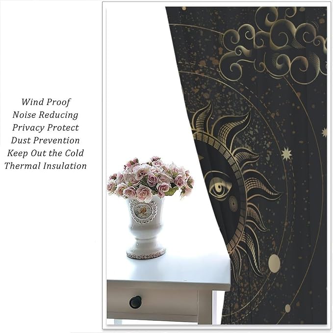 Sun Moon Blackout Curtains, Abstract Golden Stars Mystic Celestial Universe Starry Sky Boho Art Vintage Retro Window Drapes, for Bedroom Living Room 72" W X 63" L