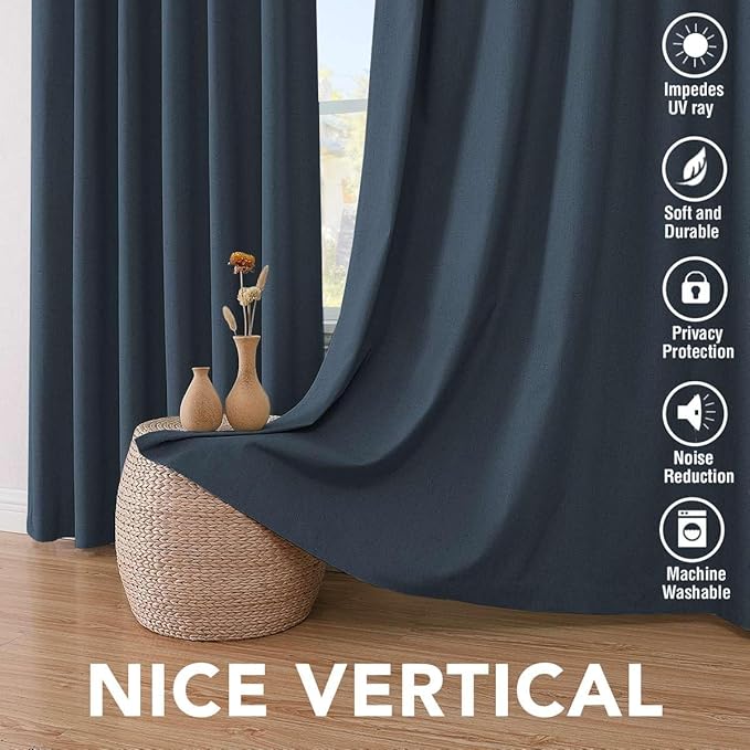 H.VERSAILTEX Linen Look 100% Blackout Curtains 45 Inches Long for Bedroom Full Light Blocking Rod Pocket Linen Textured Thick Window Curtain Drapes with White Backing, Navy, 2 Panels