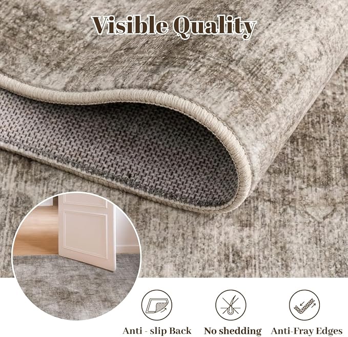 Homemate Washable Rug 6x9 Area Rugs - Vintage Faux Wool Rugs for Living Room Bedroom Dining Room - Non Slip Foldable Carpet Indoor Area Rug for Home Decor（6'x9', Brown