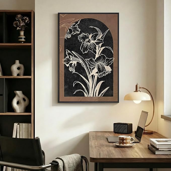 Framed Boho Floral Wall Art for Living Room, Abstract Black Brown Flower Canvas Paintings Prints Artwork for Walls, Mid Century Modern Bohemian Pictures Wall Decor for Bedroom Home Office, 24x36 Inch