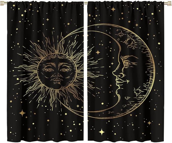 Gold Sun and Moon Blackout Windows Curtains, Fantasy Mandala Bohemian Universe Galaxy Printed Curtains, for Living Room Bedroom 72x63in 2 Panels