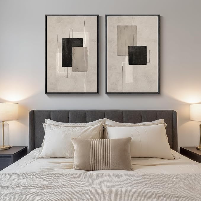 Large Framed Neutral Abstract Wall Art for Living Room, Set of 2 Black and Beige Modern Canvas Prints Paintings Artwork for Walls, Minimalist Block Lines Pictures for Hallway Office Wall Decor 24x36 In