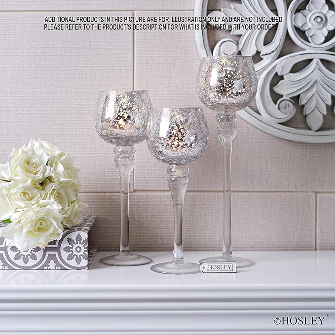 Hosley Set of 3 Metallic Crackle Glass Tealight Holders – 12", 10", 9" Elegant Home Decor, Ambient Lighting, Stylish Centerpieces & Gift Idea